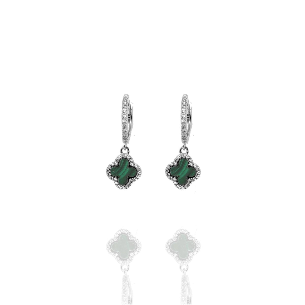 Clover Hoops with Malachite and Cubic Zirconia (Silver) - Lulu B Jewellery