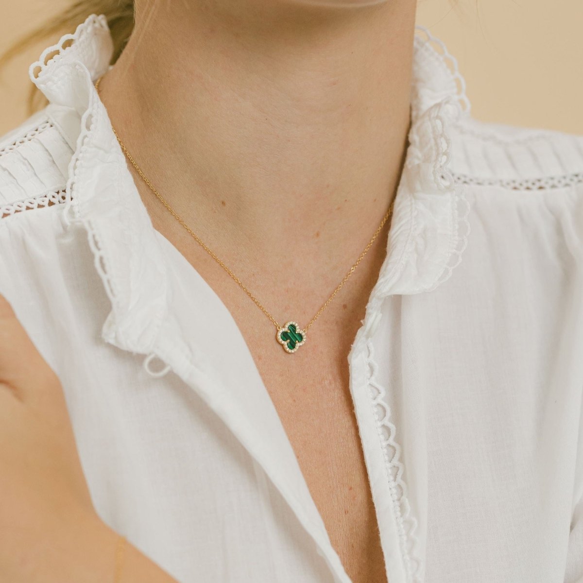 Clover Necklace with Malachite and Cubic Zirconia (Silver) - Lulu B Jewellery