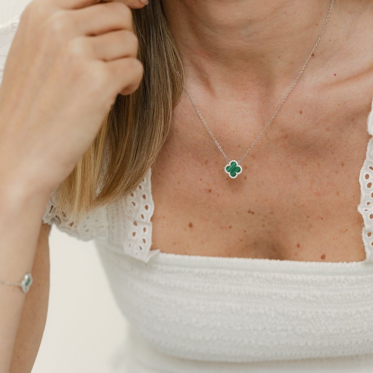 Clover Necklace with Malachite and Cubic Zirconia (Silver) - Lulu B Jewellery