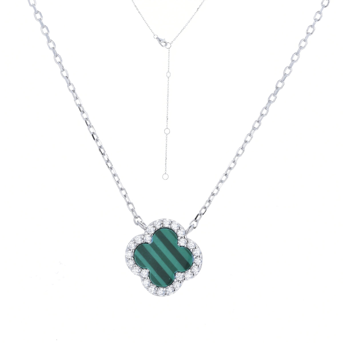 Clover Necklace with Malachite and Cubic Zirconia (Silver) - Lulu B Jewellery