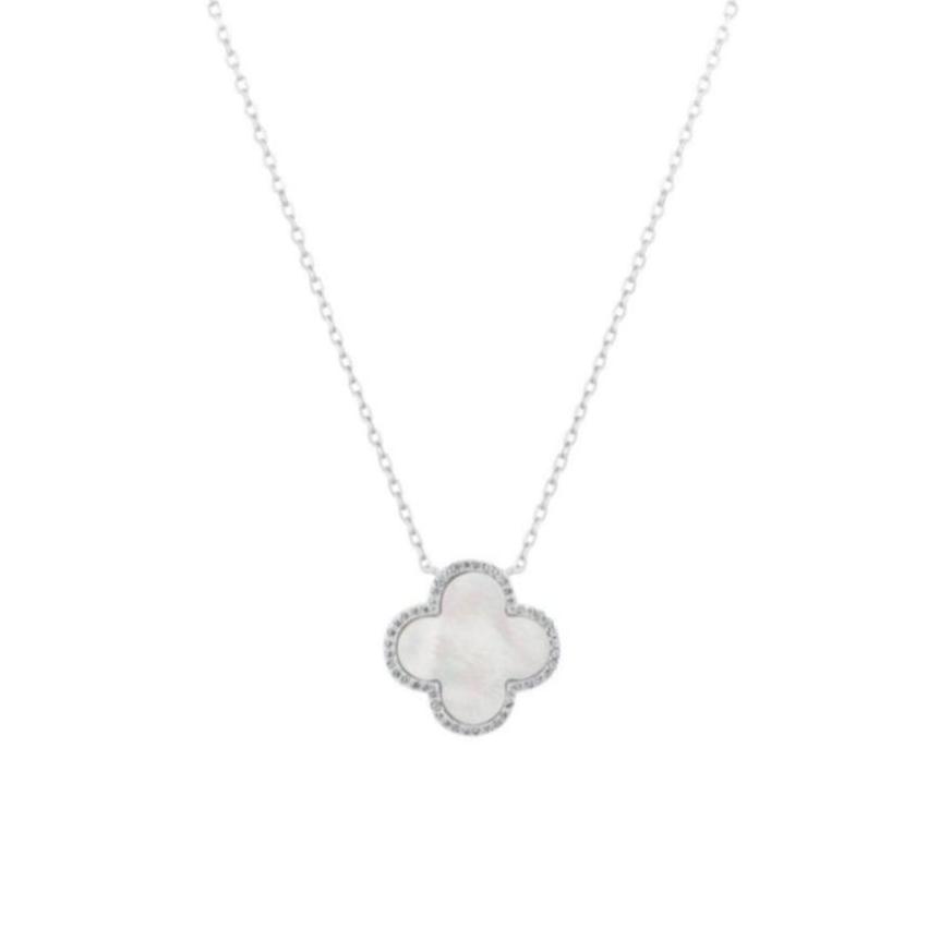 Clover Silver Necklace with Mother of Pearl and Cubic Zirconia - Large - Lulu B Jewellery
