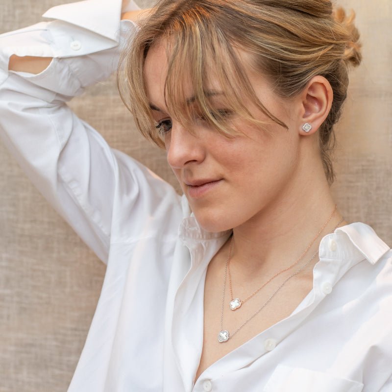 Clover Stud Earrings with Mother of Pearl and Cubic Zirconia (Silver) - Lulu B Jewellery