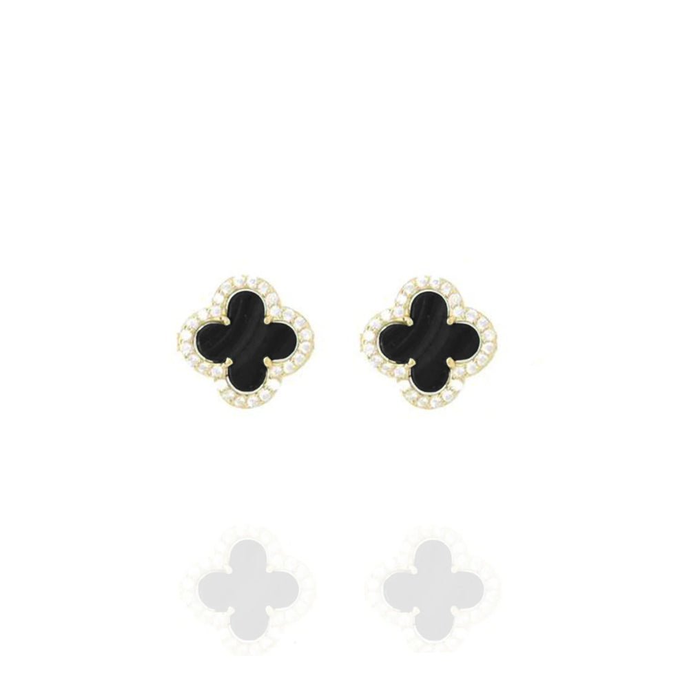 Clover Studs with Black Onyx and Cubic Zirconia (Gold) (Small) - Lulu B Jewellery