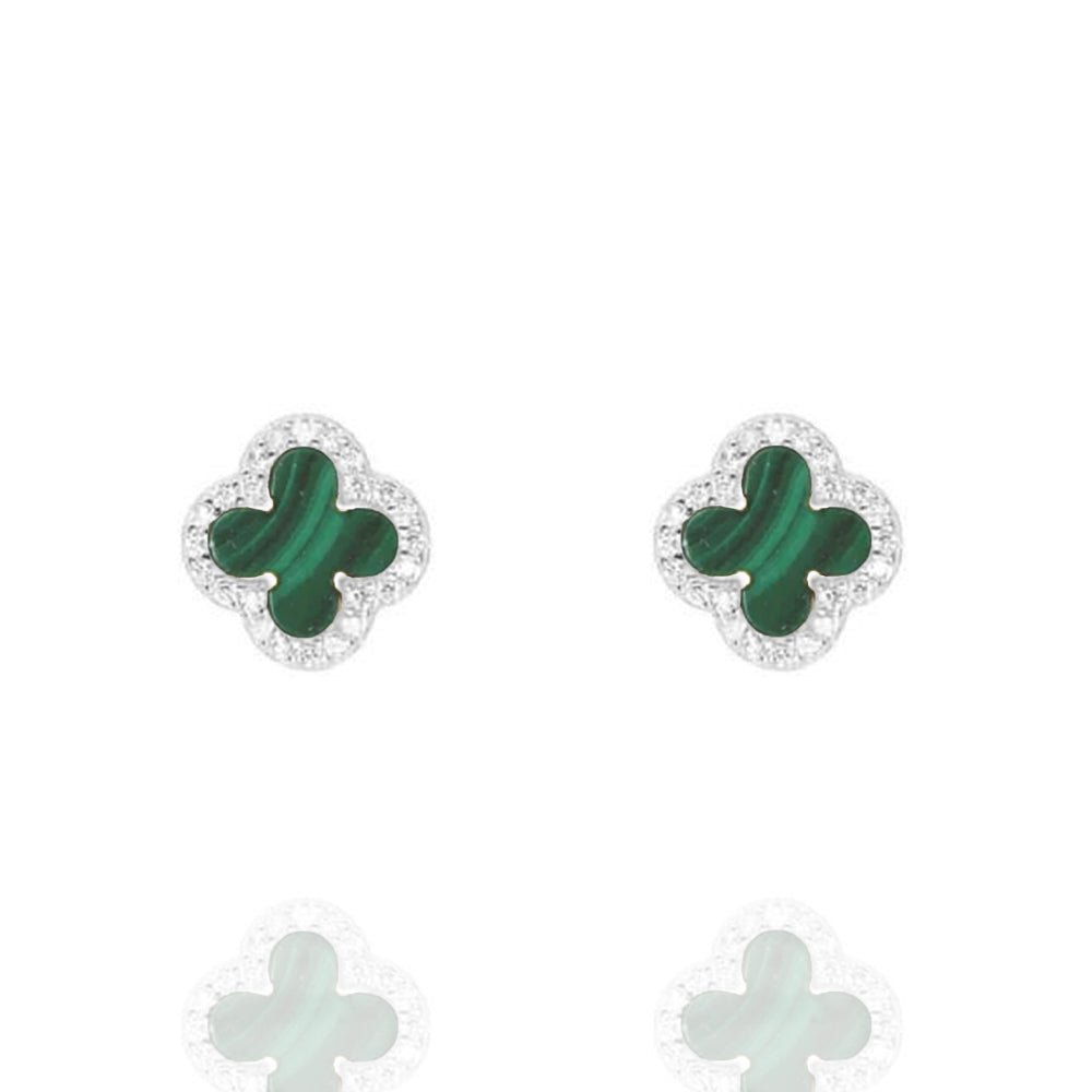 Clover Studs with Malachite and Cubic Zirconia (Silver) (Large) - Lulu B Jewellery