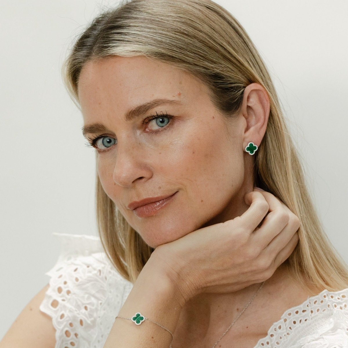 Clover Studs with Malachite and Cubic Zirconia (Silver) (Large) - Lulu B Jewellery