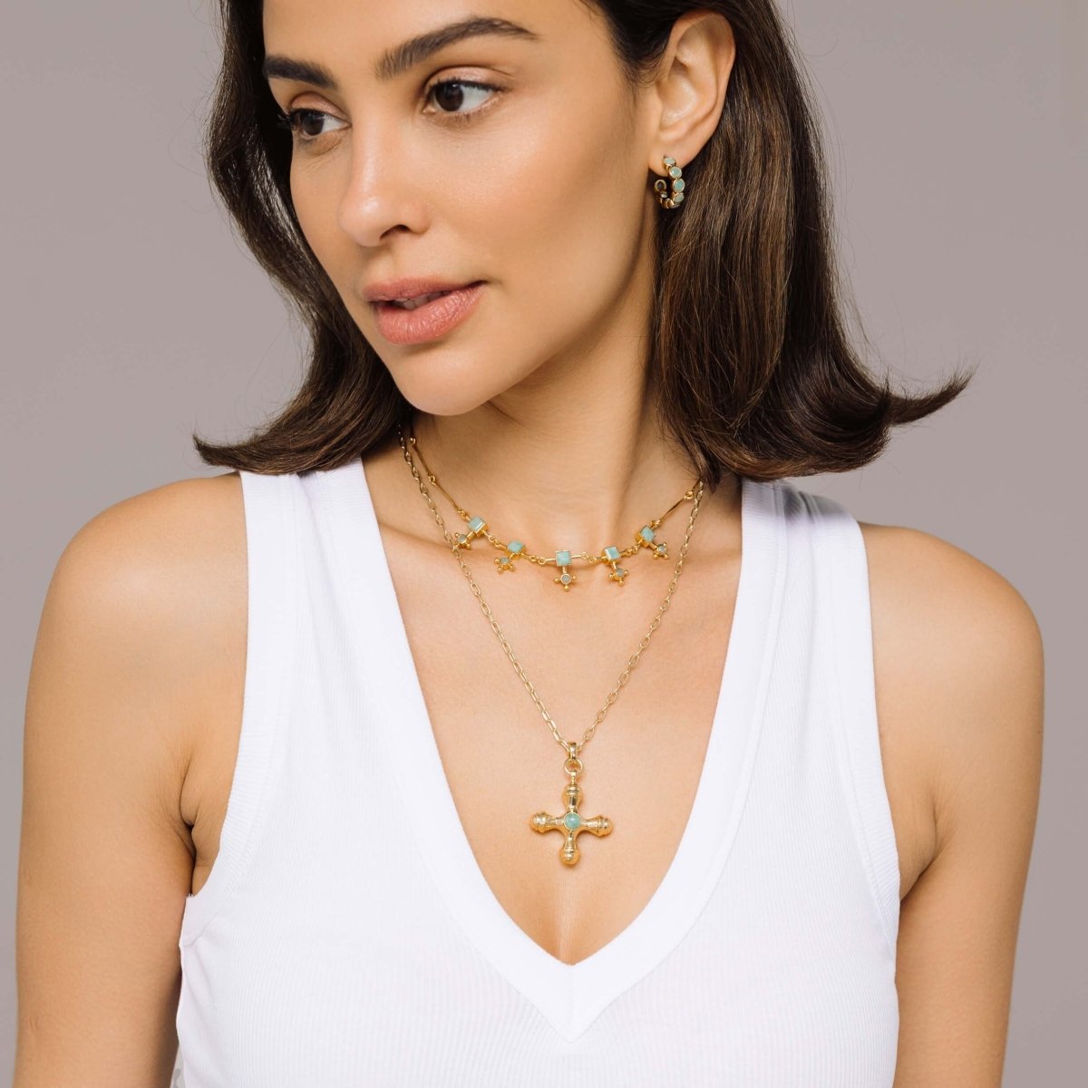 Cross Amazonite Gold Choker Necklace - Lulu B London - Timeless Jewellery