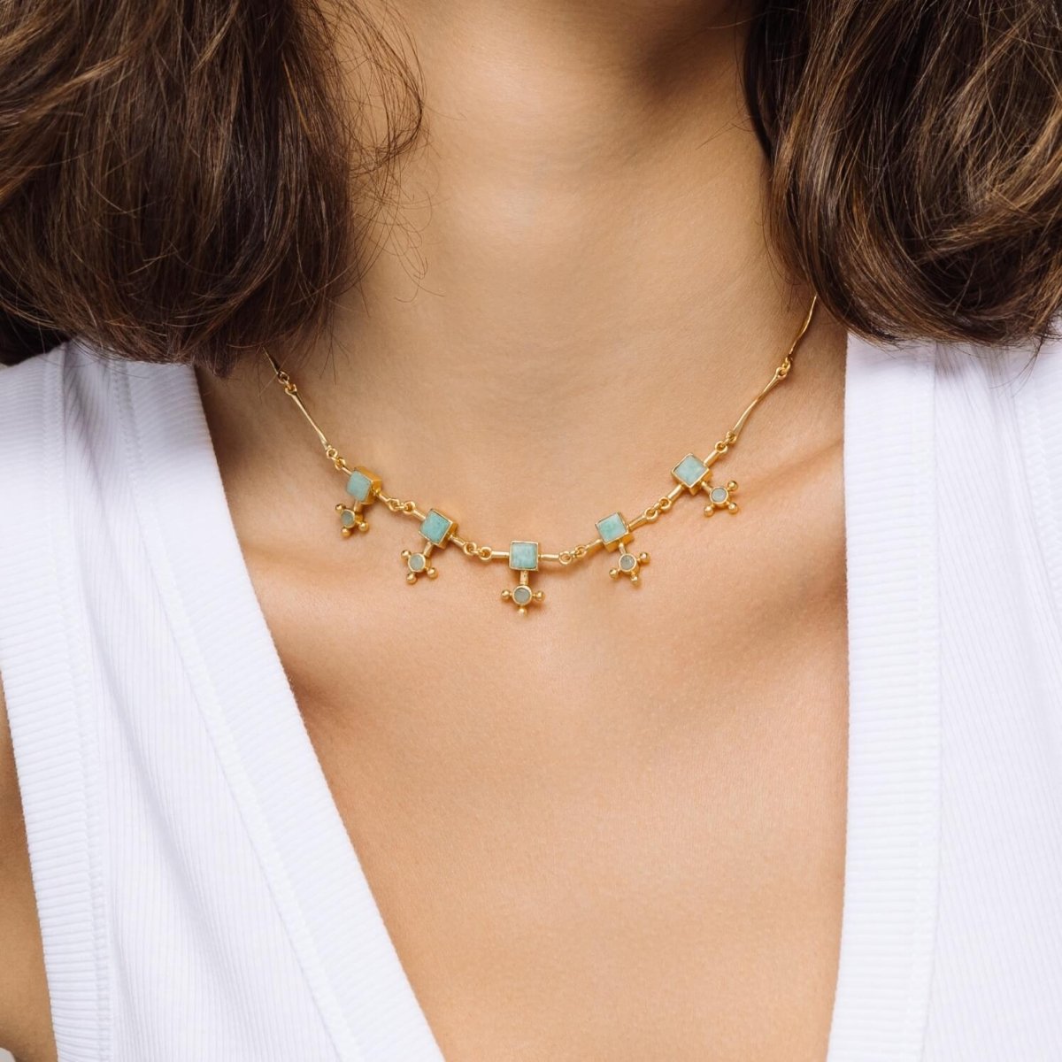 Cross Amazonite Gold Choker Necklace - Lulu B London - Timeless Jewellery