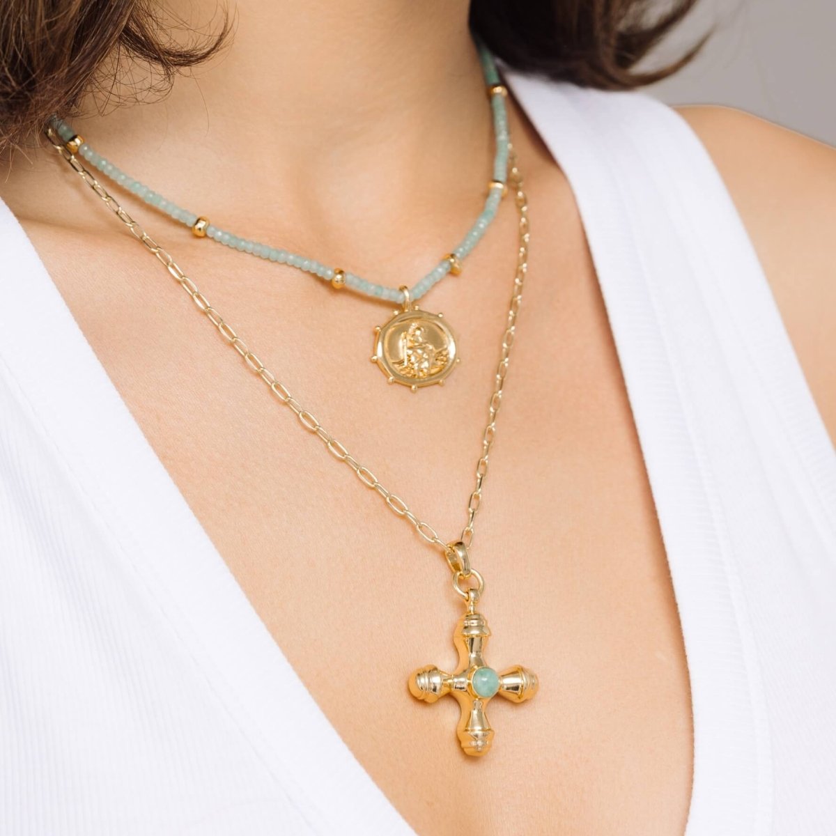 Cross Amazonite Gold Long Necklace - Lulu B London - Timeless Jewellery