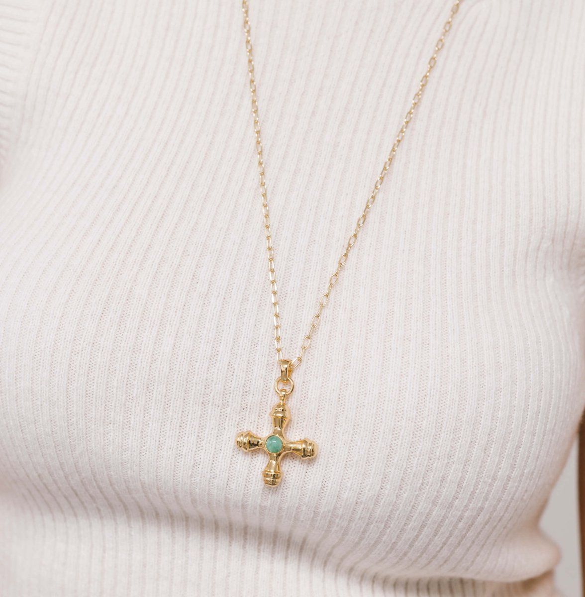 Cross Amazonite Gold Long Necklace - Lulu B London - Timeless Jewellery