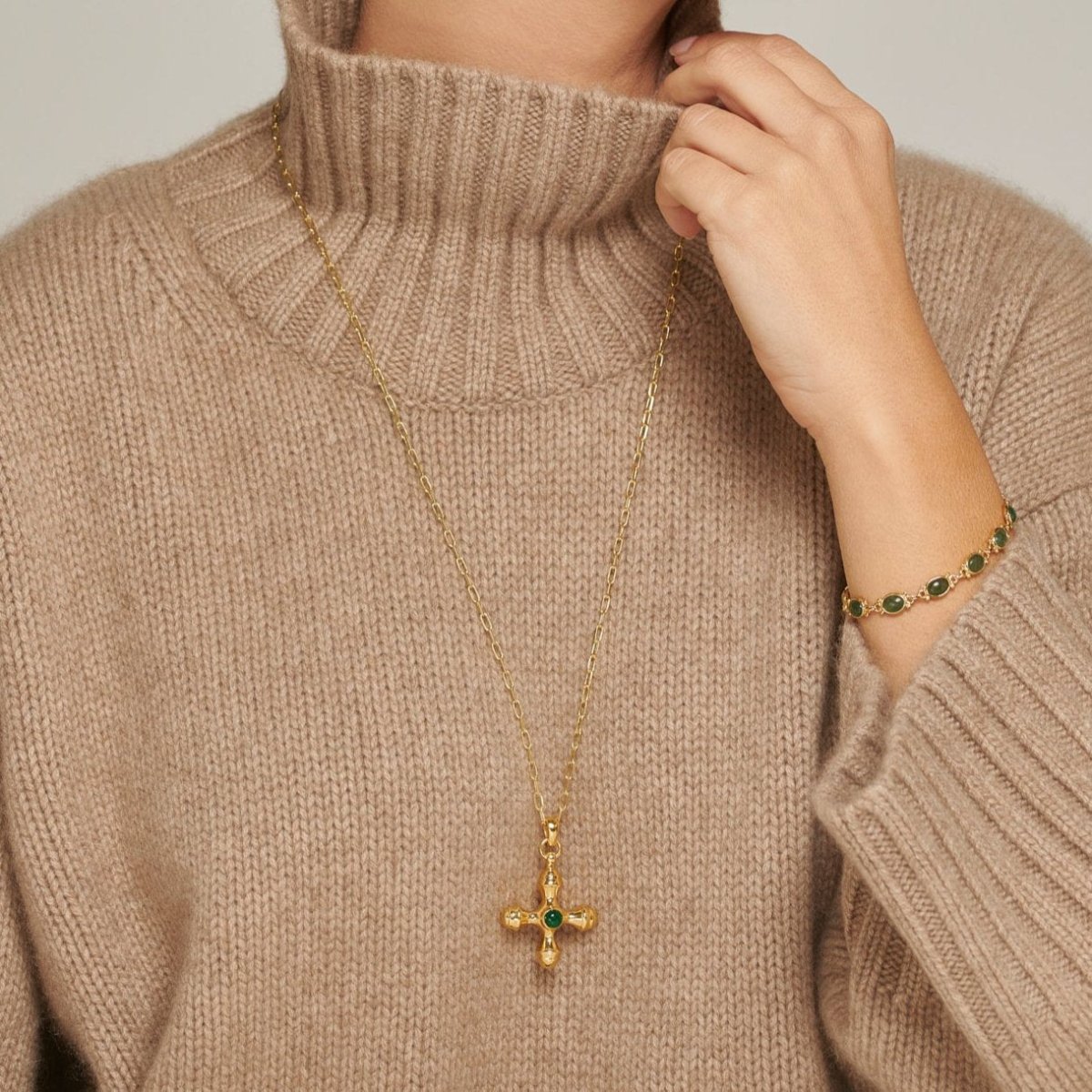 Cross Green Onyx Gold Long Necklace - Lulu B Jewellery