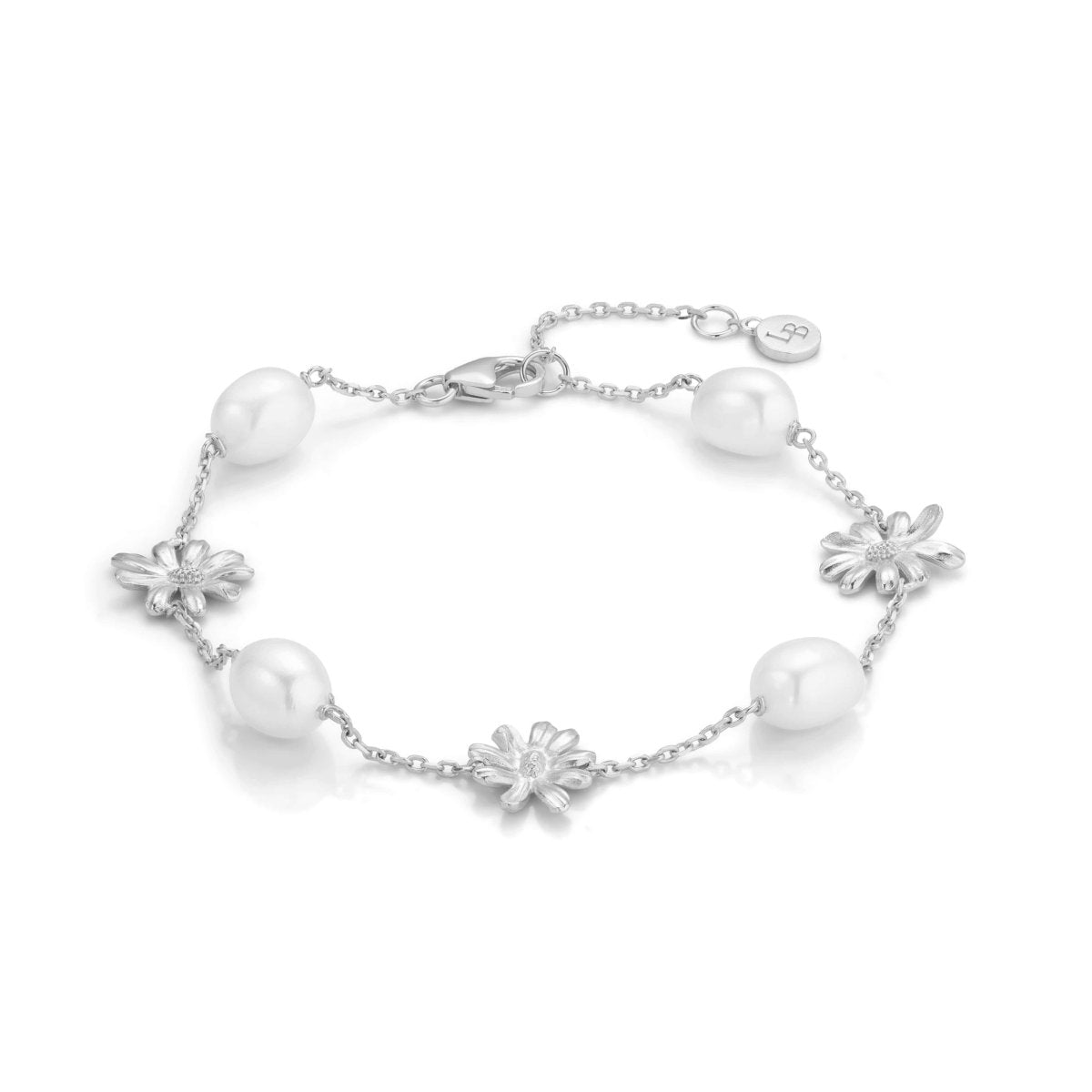 Daisy Flower and Pearl Silver Chain Bracelet - Lulu B London - Timeless Jewellery