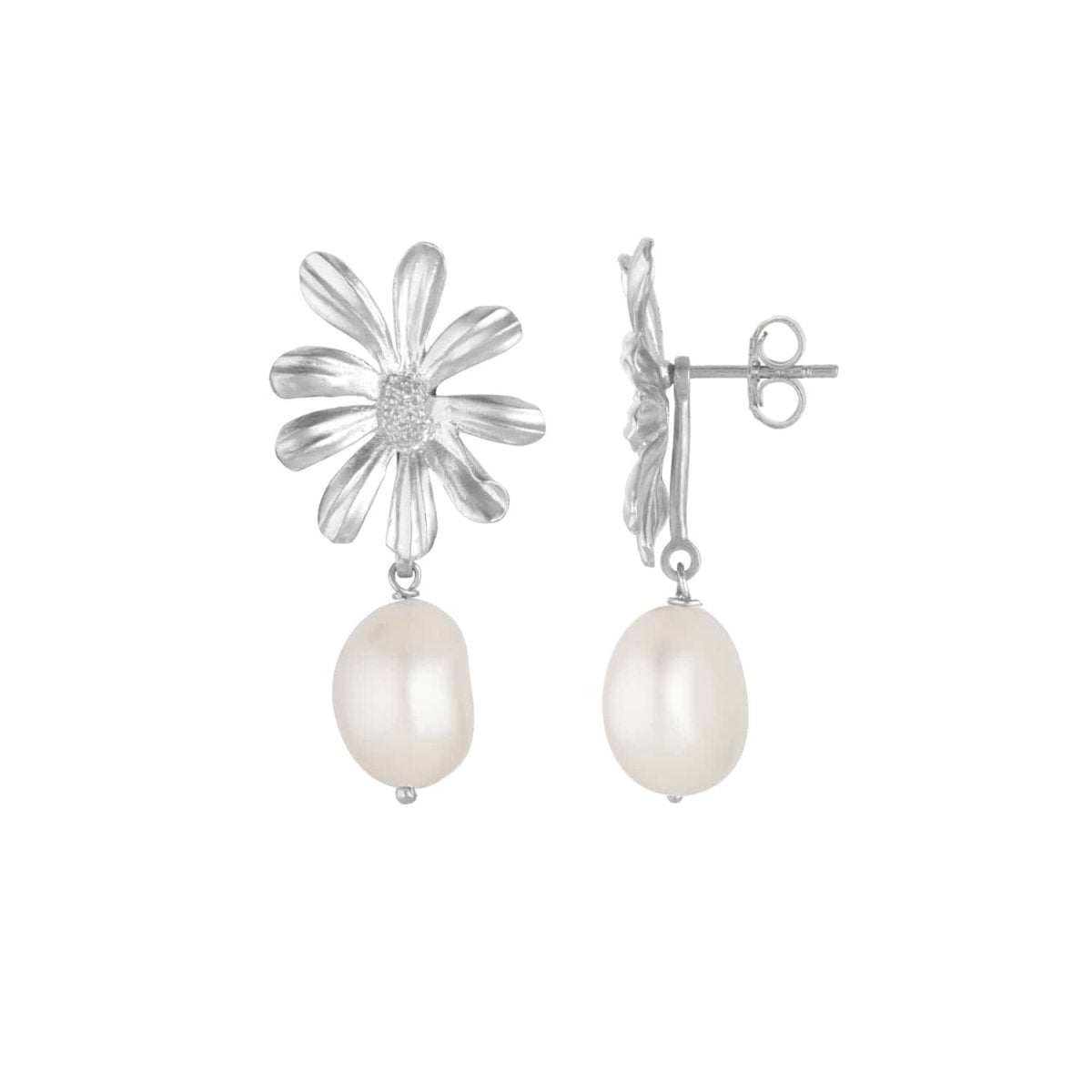 Daisy Flower and Pearl Silver Stud Drop Earrings - Lulu B London - Timeless Jewellery
