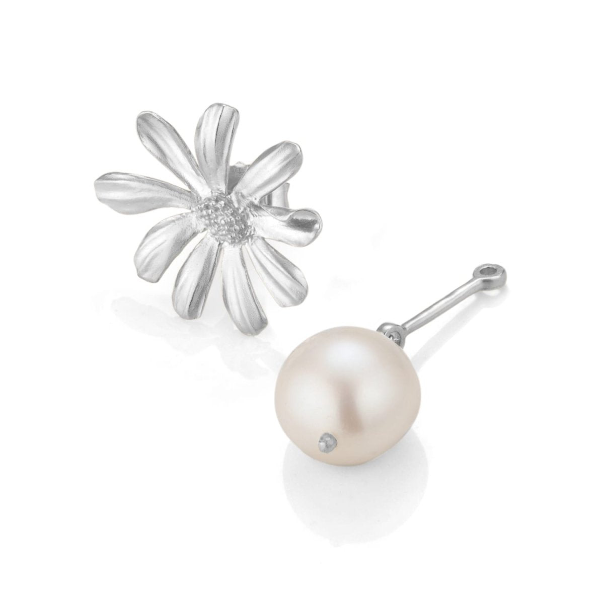 Daisy Flower and Pearl Silver Stud Drop Earrings - Lulu B London - Timeless Jewellery