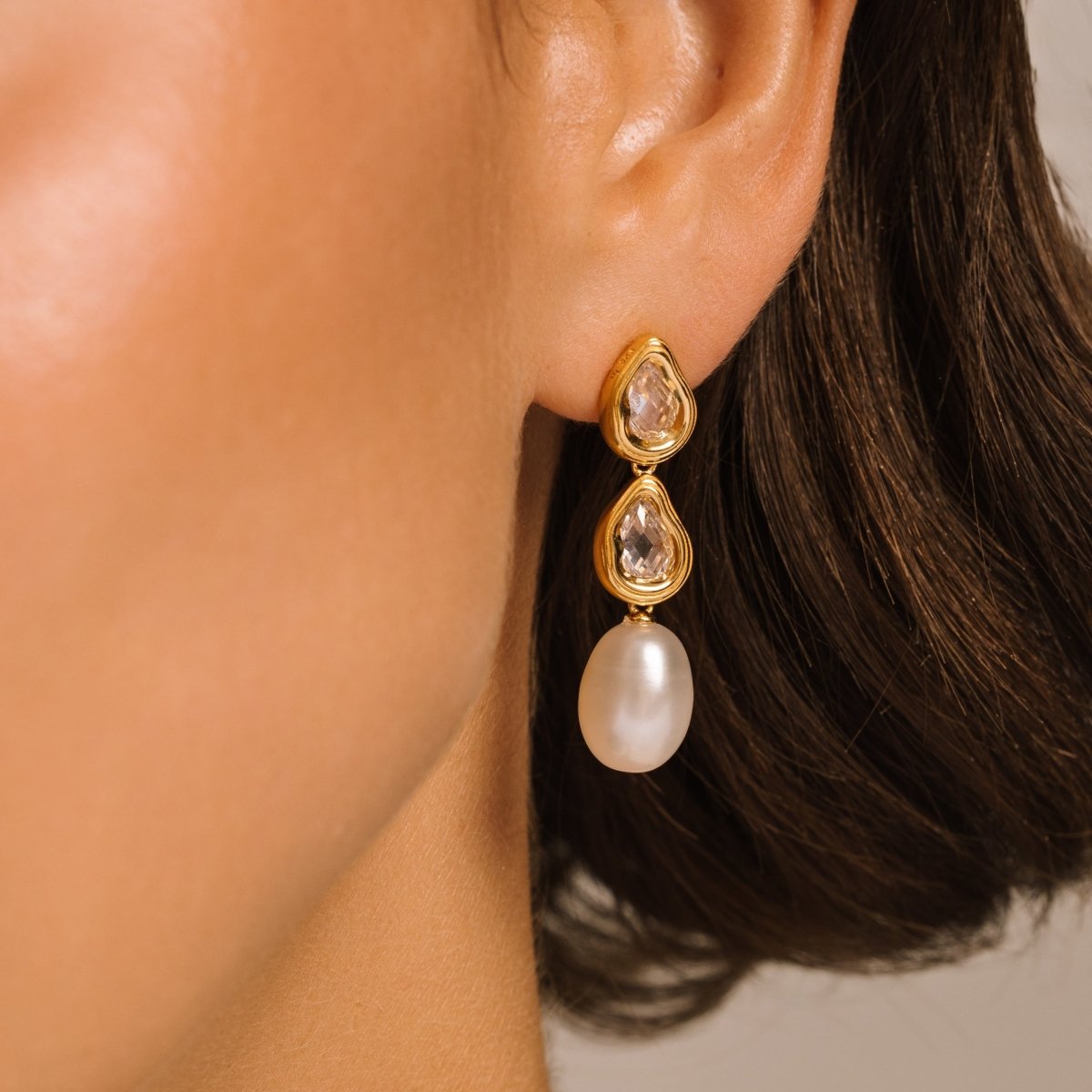 Double Teardrop and Pearl Gold Stud Drop Earrings with Cubic Zirconia - Lulu B London - Timeless Jewellery