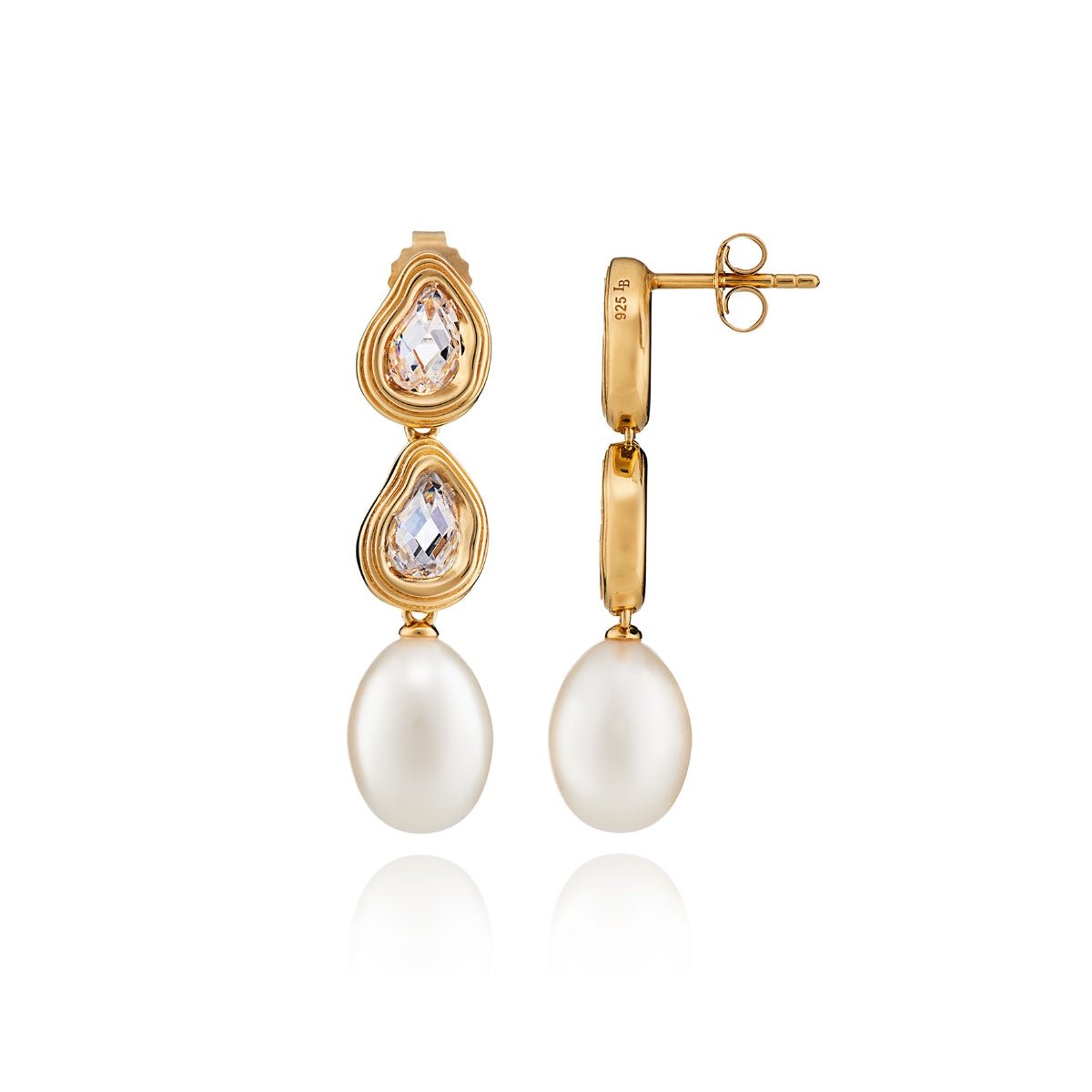 Double Teardrop and Pearl Gold Stud Drop Earrings with Cubic Zirconia - Lulu B London - Timeless Jewellery