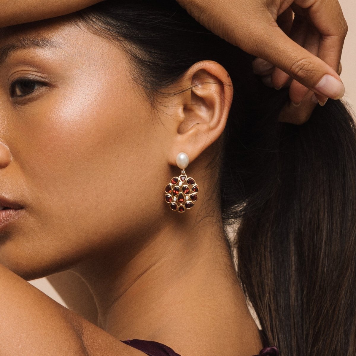 Garnet and Pearl Statement Gold Stud Drop Earrings - Lulu B London - Timeless Jewellery