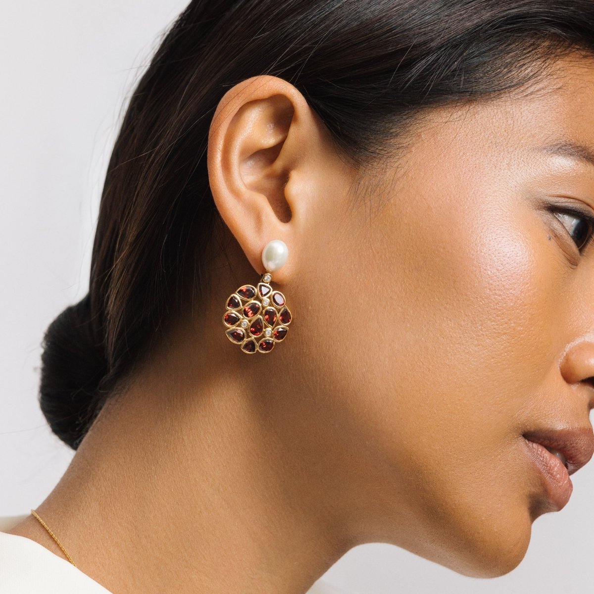 Garnet and Pearl Statement Gold Stud Drop Earrings - Lulu B London - Timeless Jewellery
