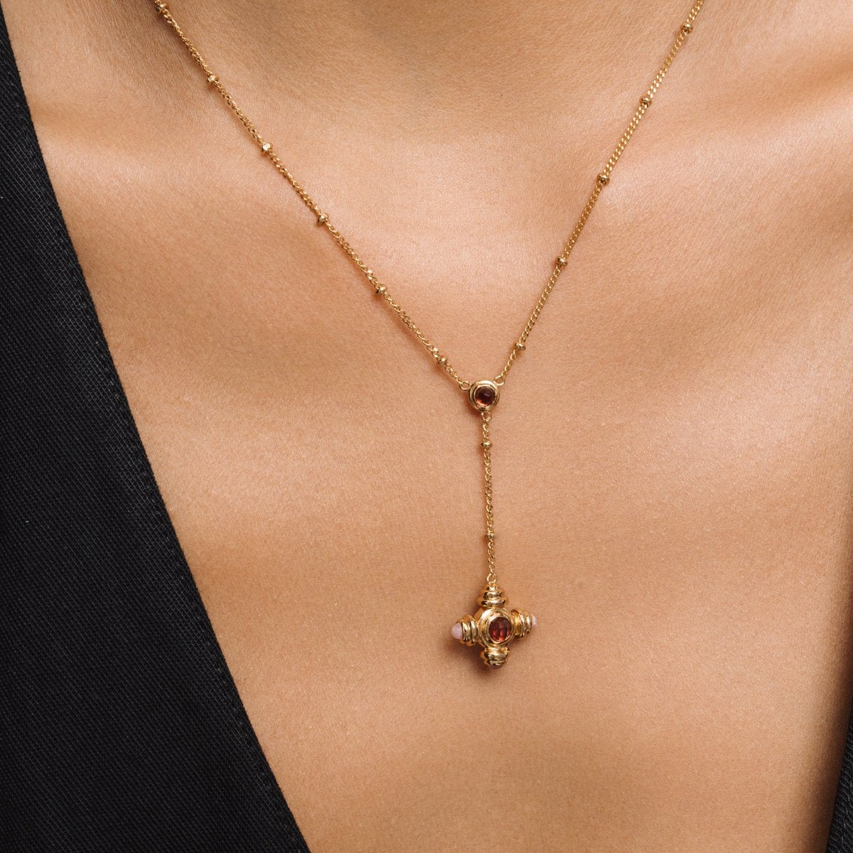 Garnet and Rhodochrosite Gold Lariat Necklace - Lulu B London - Timeless Jewellery