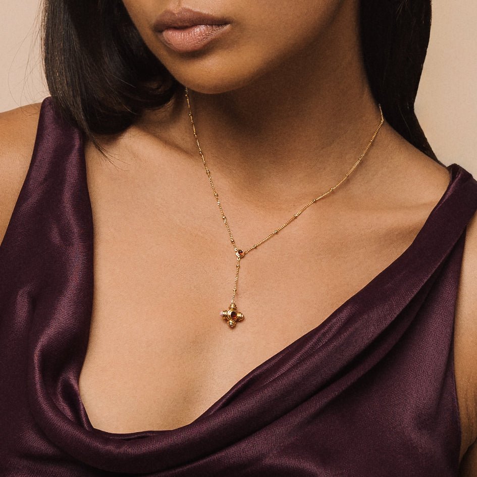 Garnet and Rhodochrosite Gold Lariat Necklace - Lulu B London - Timeless Jewellery