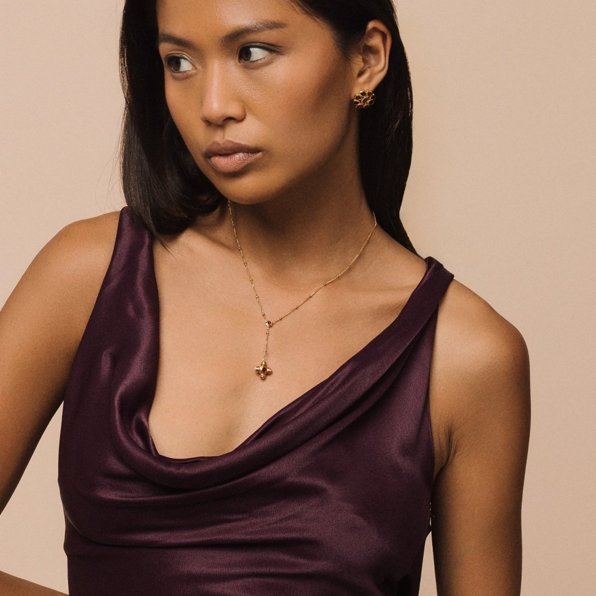 Garnet and Rhodochrosite Gold Lariat Necklace - Lulu B London - Timeless Jewellery