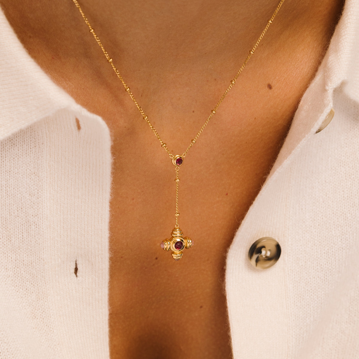 Garnet and Rhodochrosite Gold Lariat Necklace - Lulu B London - Timeless Jewellery