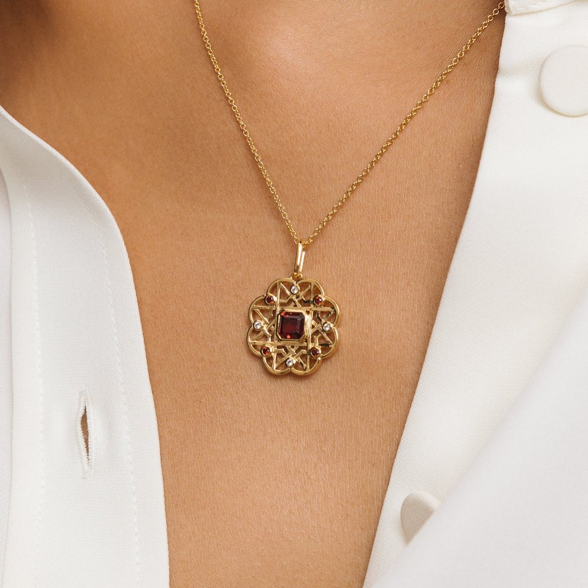 Garnet Gemstone Flower Gold Necklace - Lulu B London - Timeless Jewellery