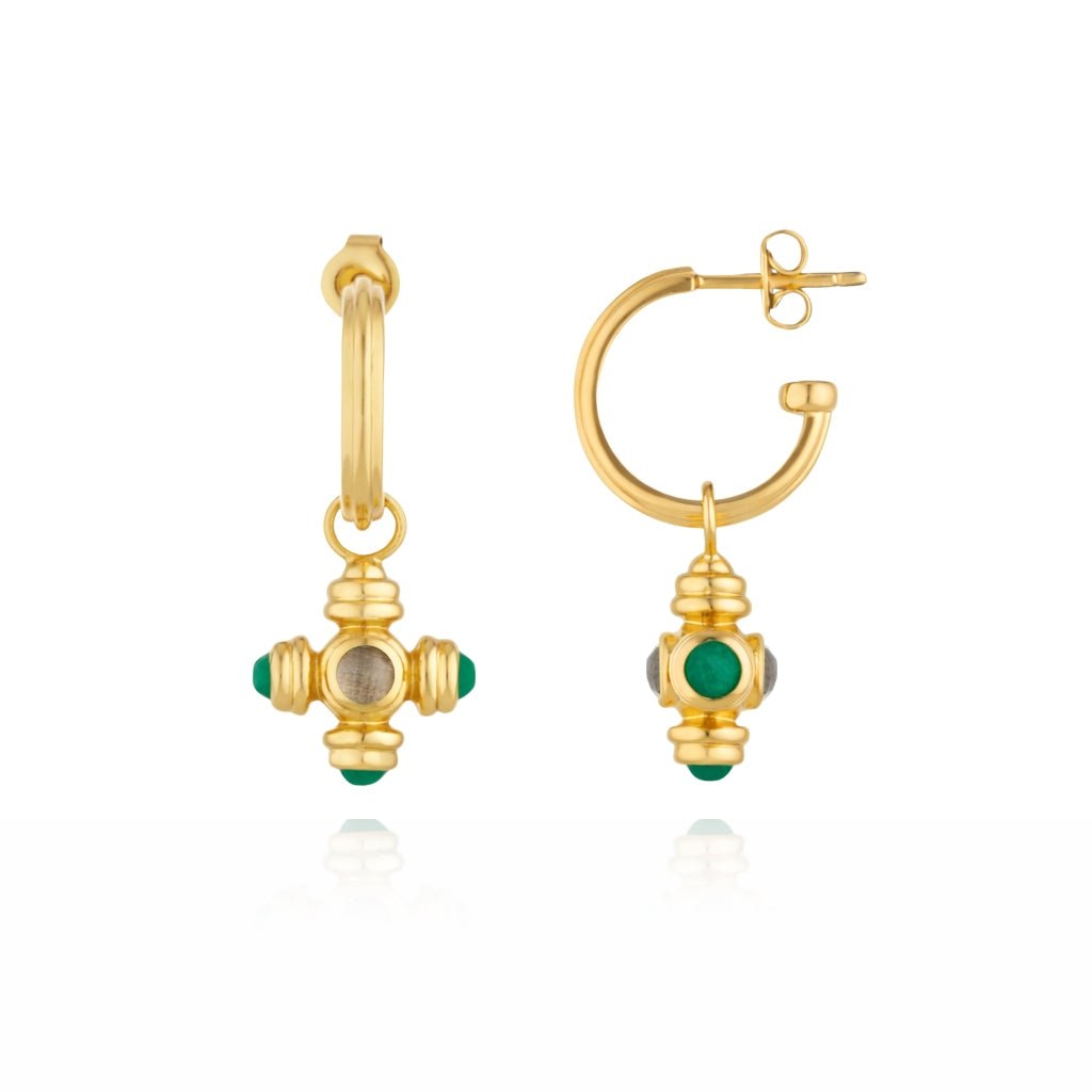 Green Agate and Labradorite Cross Gemstone Charm Gold Hoop Earrings - Lulu B London - Timeless Jewellery