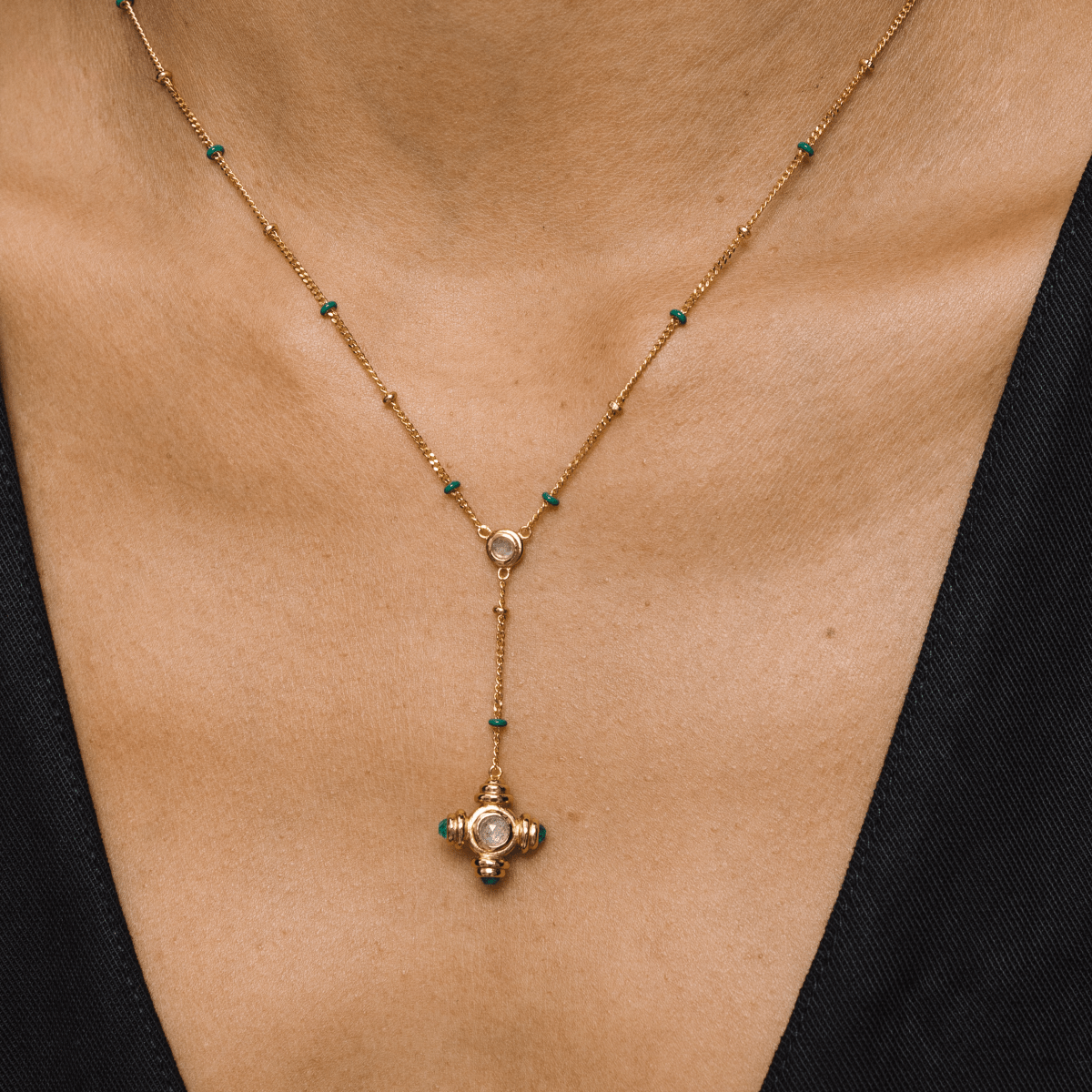 Green Agate and Labradorite Gold Lariat Necklace - Lulu B London - Timeless Jewellery