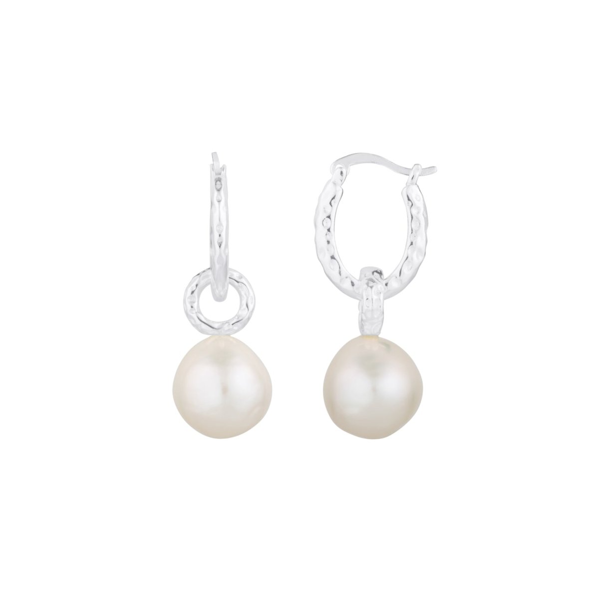 Hammered Pearl Silver Drop Hoop Earrings - Lulu B Jewellery