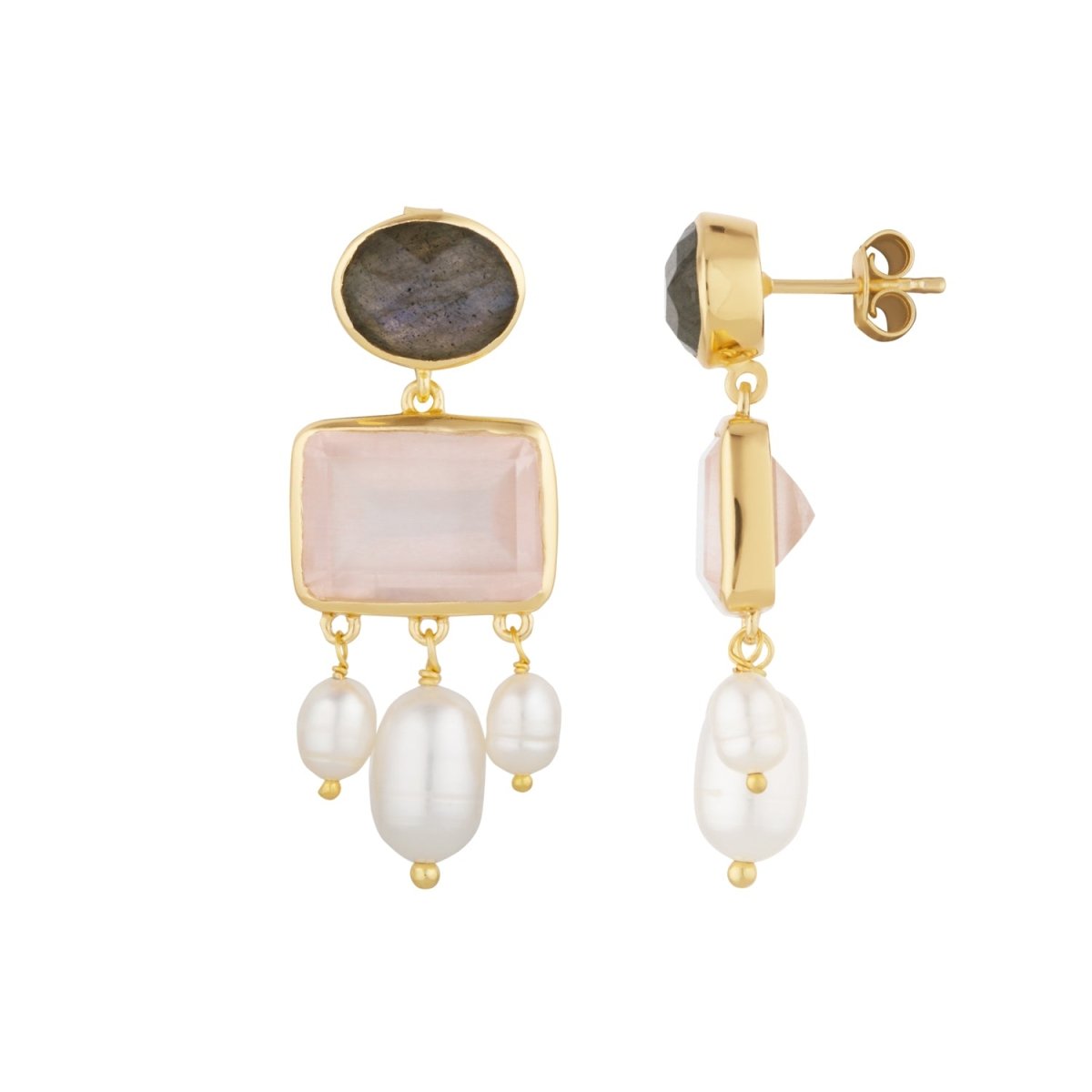 Labradorite, Rose Quartz and Pearl Gold Stud Drop Earrings - Lulu B Jewellery
