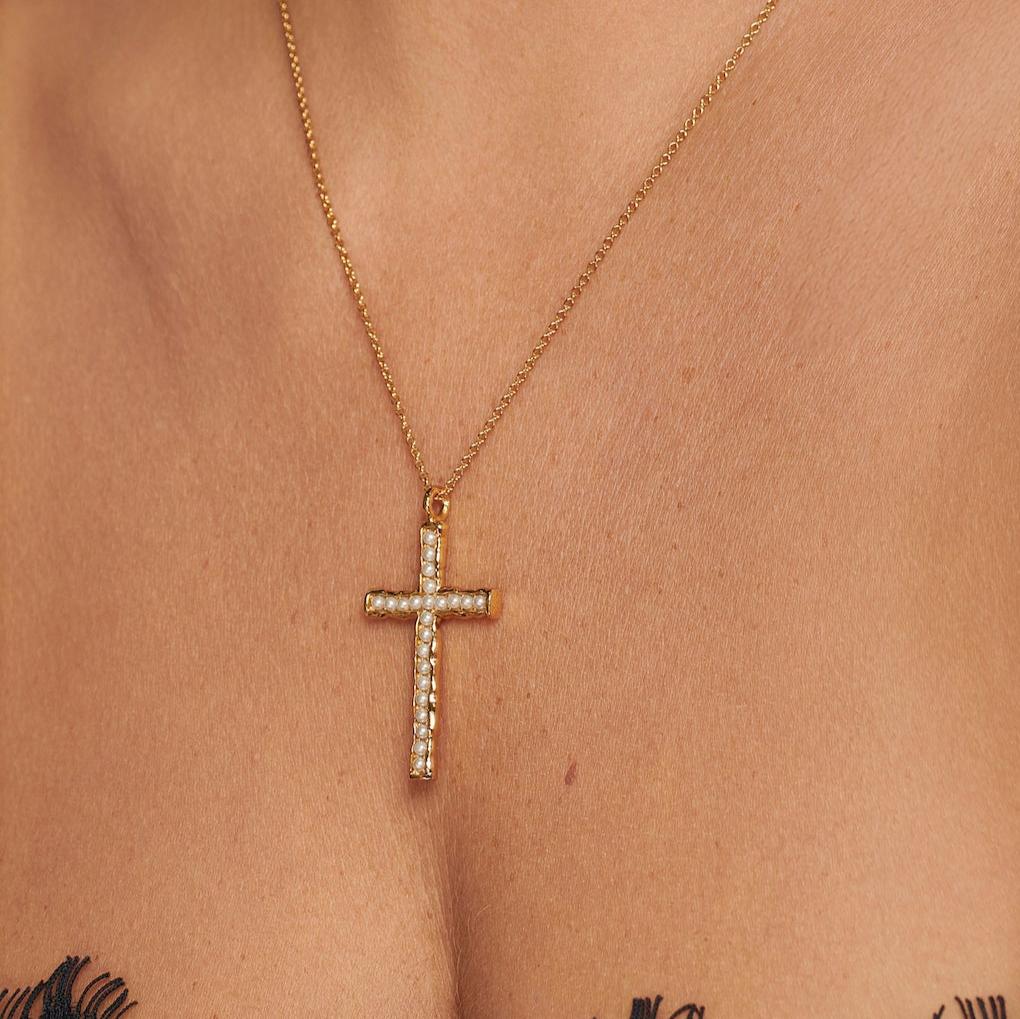 Molten Pearl Gold Cross Necklace - Lulu B Jewellery