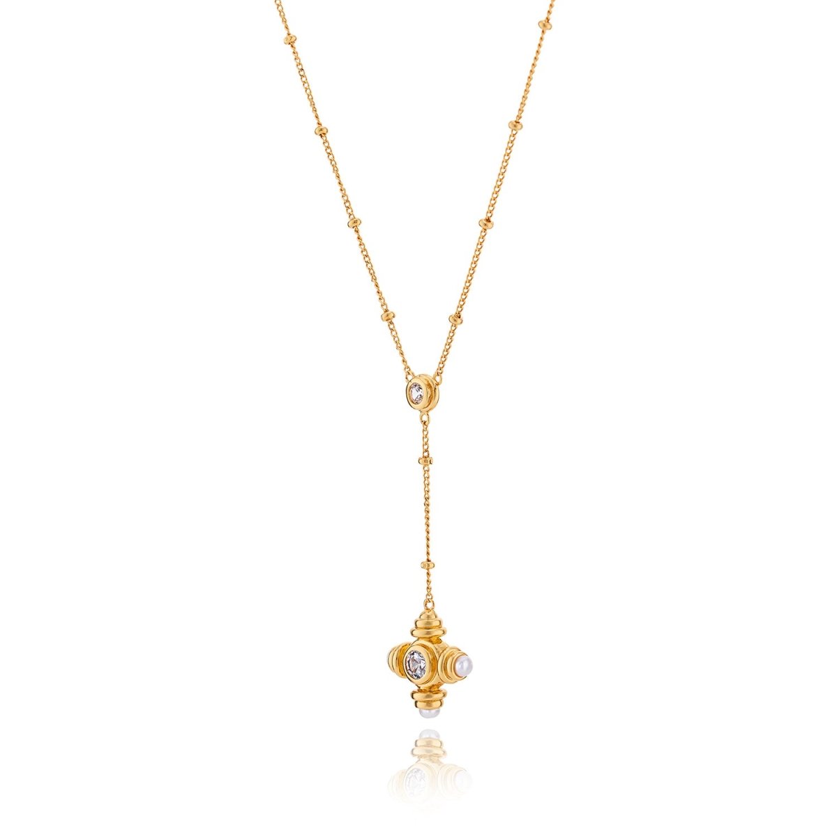 Pearl and White Sapphire Cross Gold Lariat Necklace - Lulu B London - Timeless Jewellery