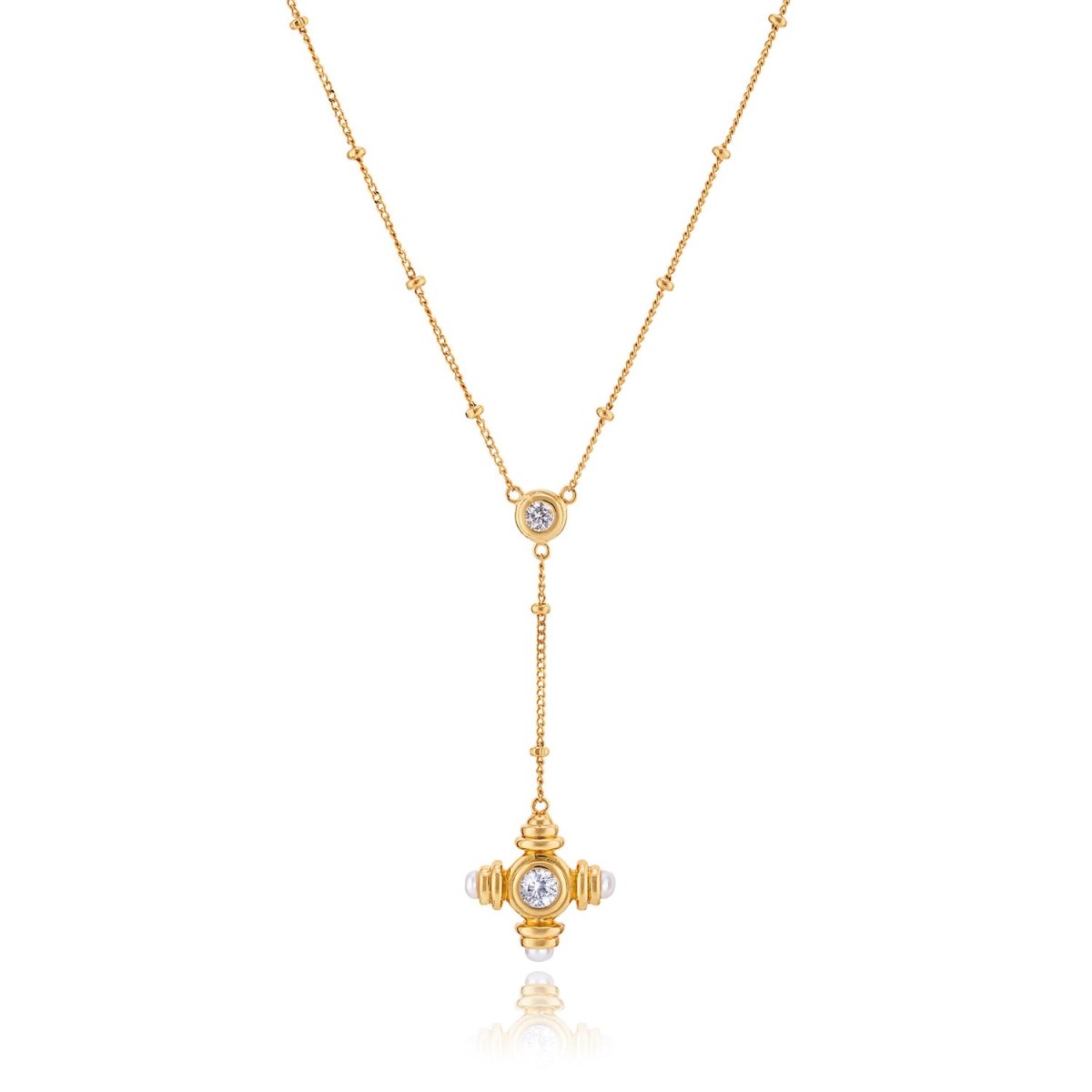 Pearl and White Sapphire Cross Gold Lariat Necklace - Lulu B London - Timeless Jewellery