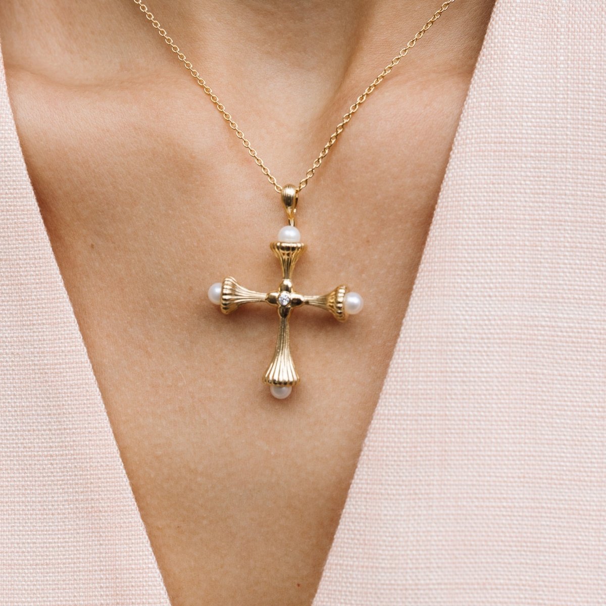 Pearl Cross Gold Necklace with Cubic Zirconia - Ripple - Lulu B London - Timeless Jewellery