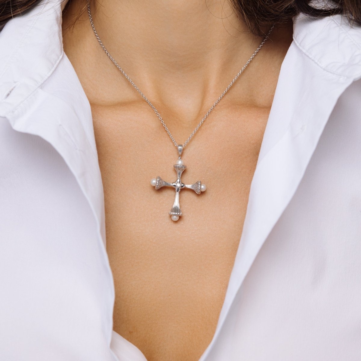 Pearl Cross Silver Necklace with Cubic Zirconia - Ripple - Lulu B London - Timeless Jewellery