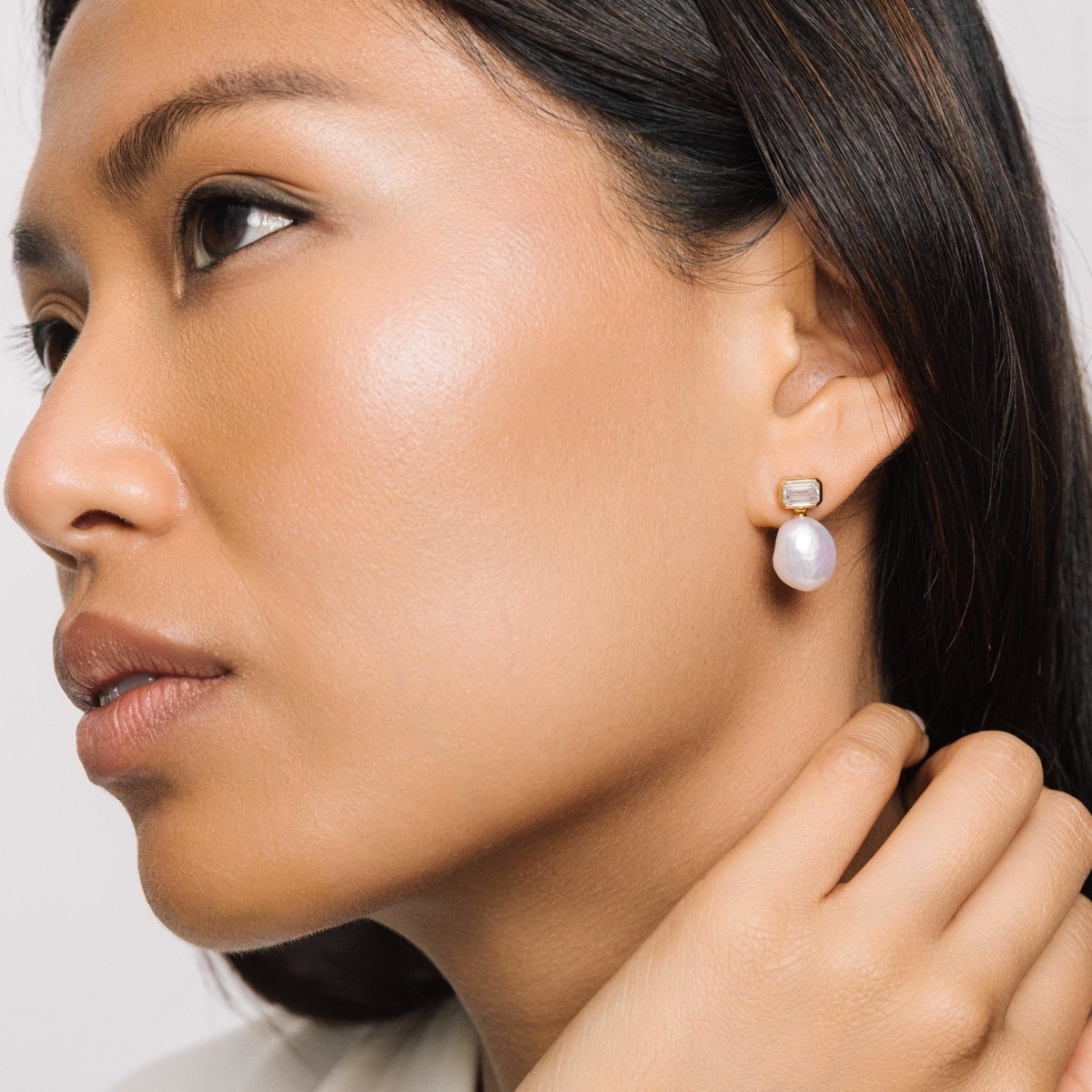 Pearl Drop Stud Gold Earrings with Baguette Cubic Zirconia - Lulu B London - Timeless Jewellery