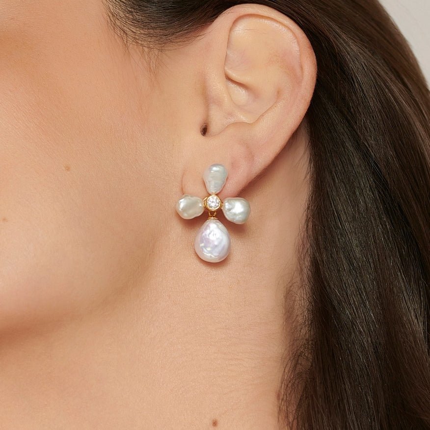 Pearl Flower Stud Drop Gold Earrings with Cubic Zirconia - Lulu B London Jewellery
