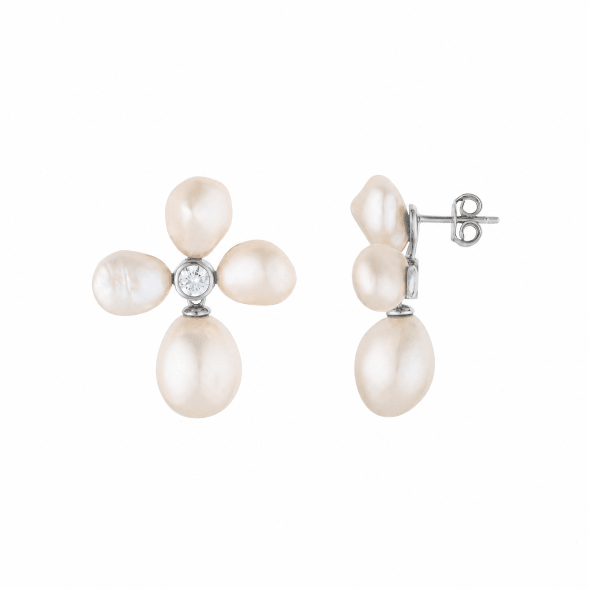 Pearl Flower Stud Drop Silver Earrings with Cubic Zirconia - Lulu B London - Timeless Jewellery