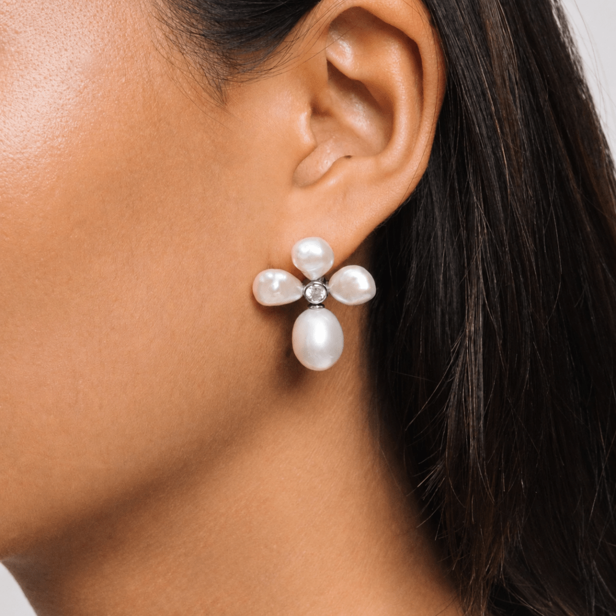 Pearl Flower Stud Drop Silver Earrings with Cubic Zirconia - Lulu B London - Timeless Jewellery