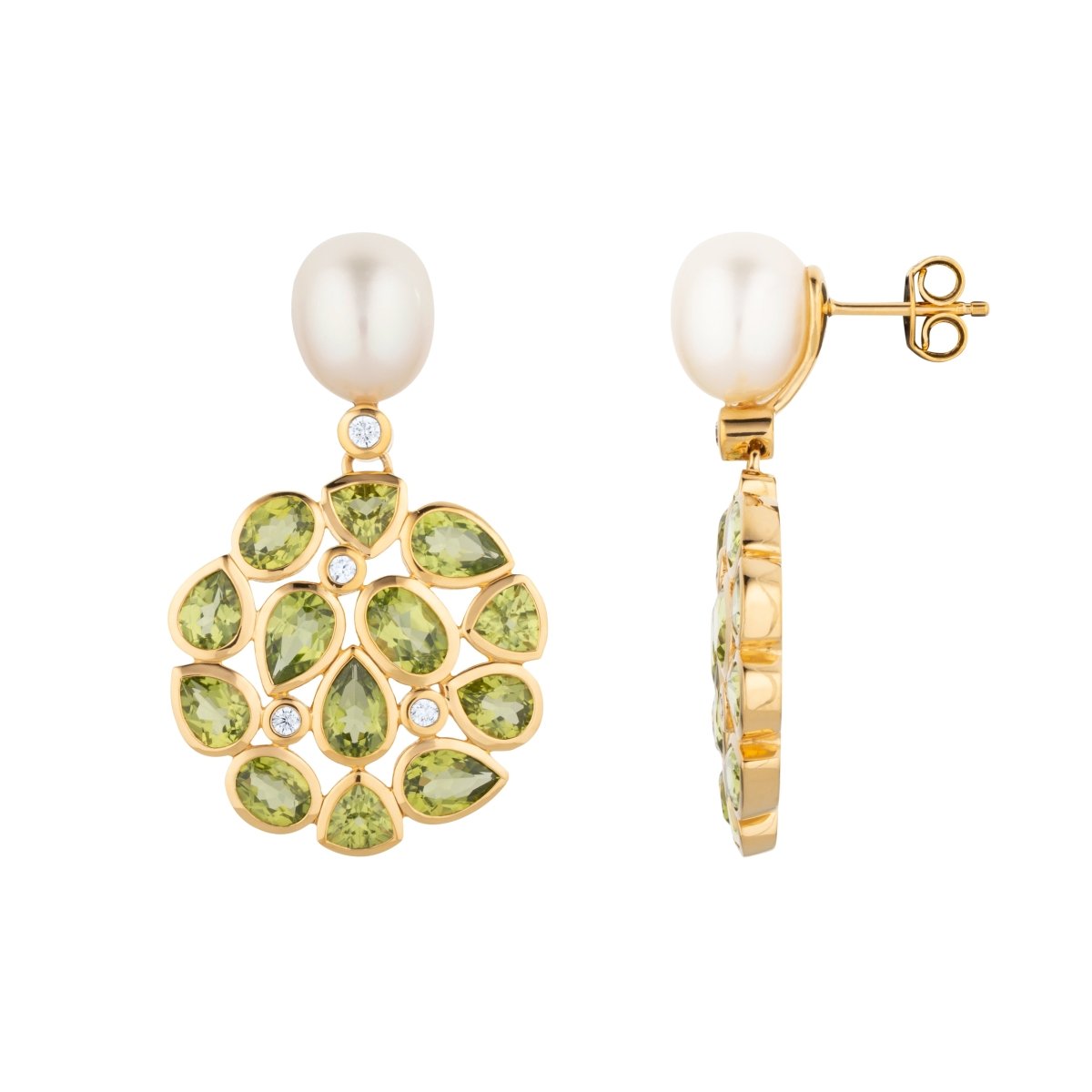 Peridot and Pearl Statement Gold Stud Drop Earrings - Lulu B Jewellery