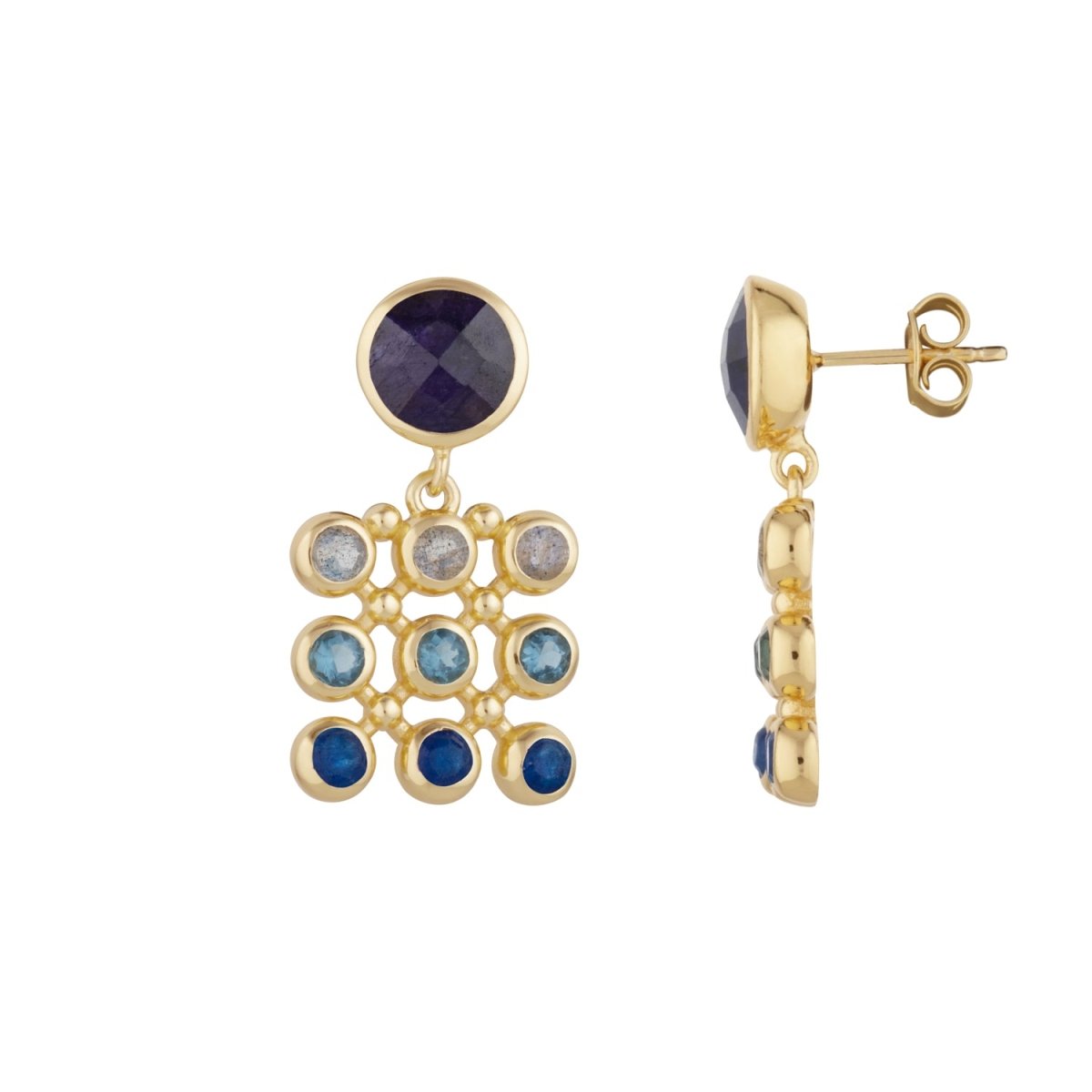 Sapphire with Gemstone Checkerboard Gold Stud Drop Earrings - Lulu B Jewellery