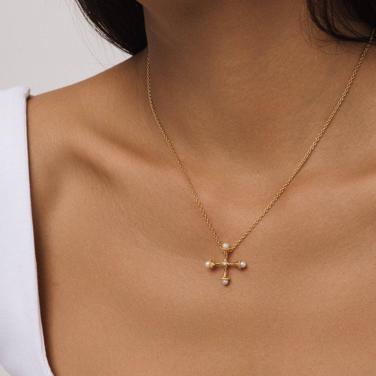 Small Gold Pearl Cross Necklace with Cubic Zirconia - Lulu B London - Timeless Jewellery
