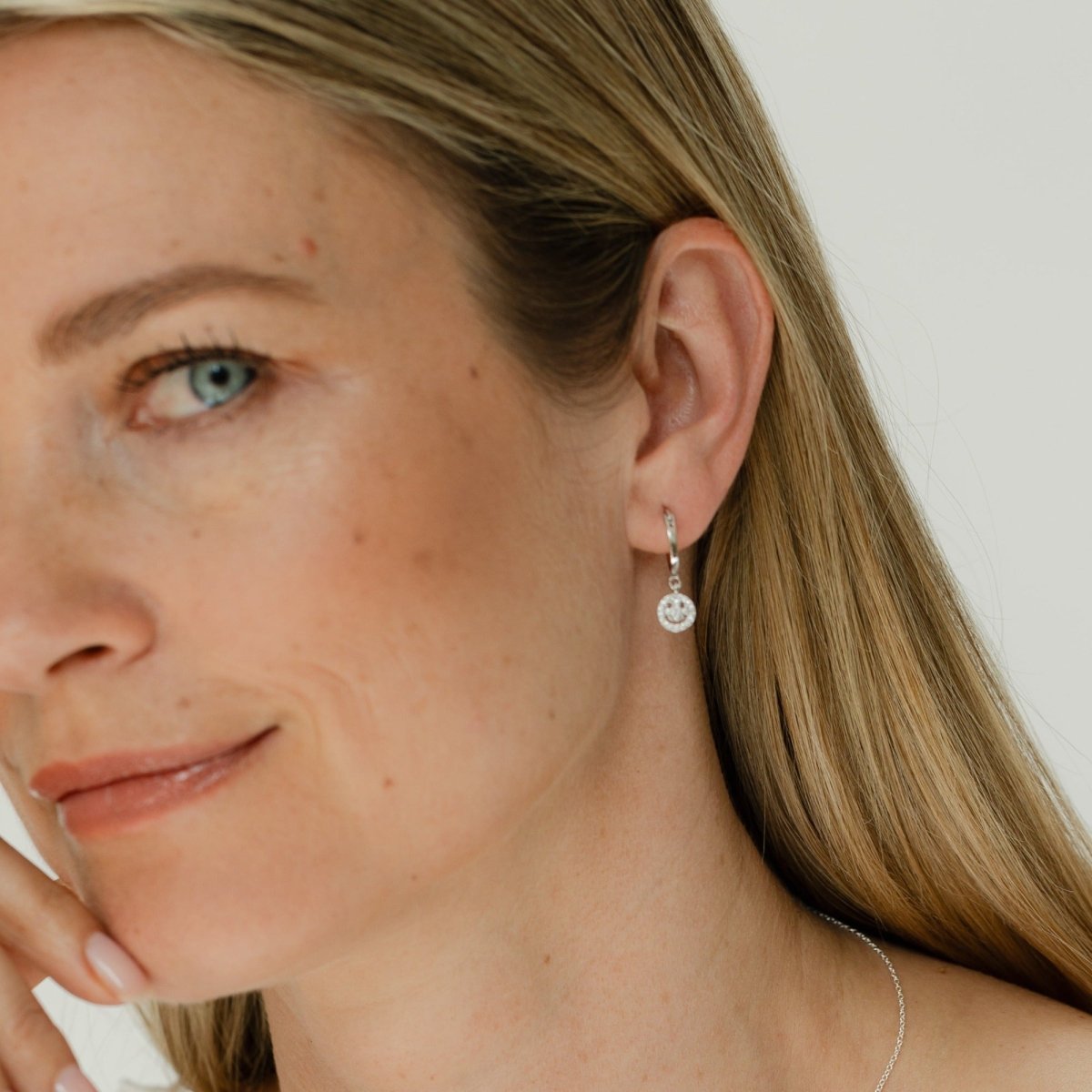 Smiley Silver Hoop Earrings with Cubic Zirconia - Lulu B Jewellery