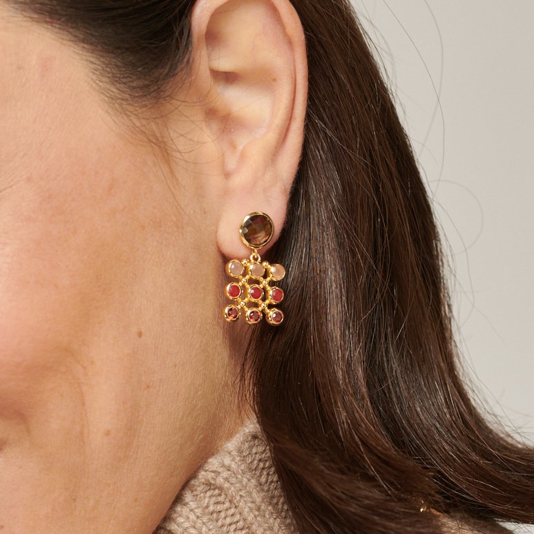 Smoky Quartz with Gemstone Checkerboard Gold Stud Drop Earrings - Lulu B Jewellery