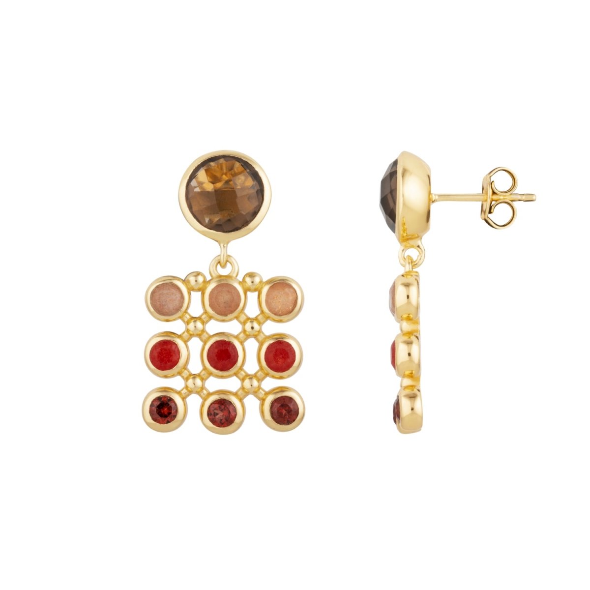 Smoky Quartz with Gemstone Checkerboard Gold Stud Drop Earrings - Lulu B Jewellery