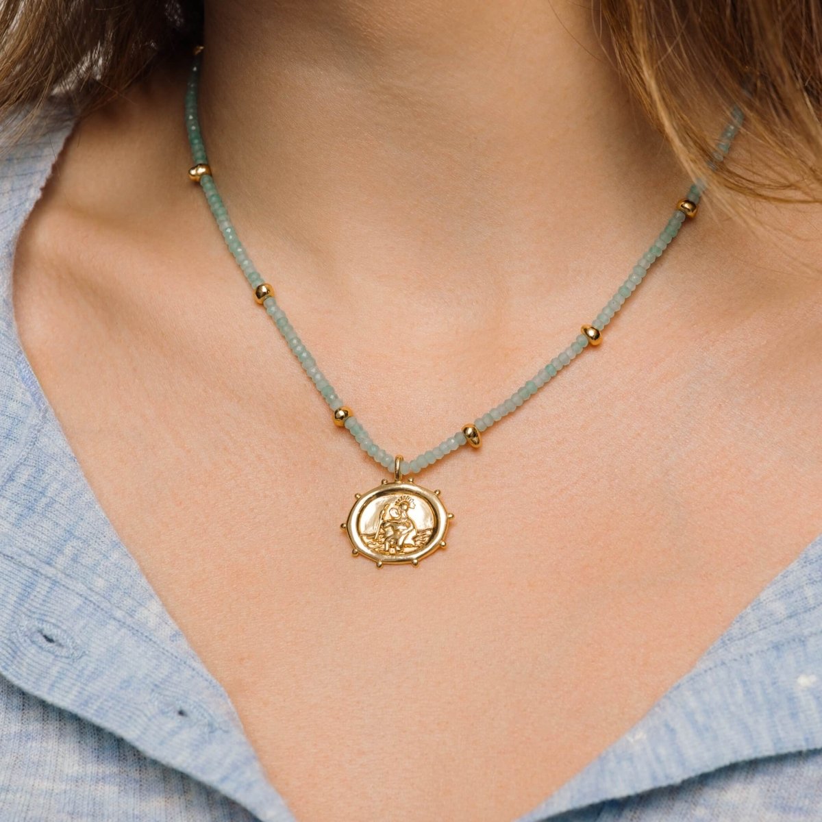 St. Christopher Amazonite Beaded Talisman Gold Necklace - Lulu B London - Timeless Jewellery