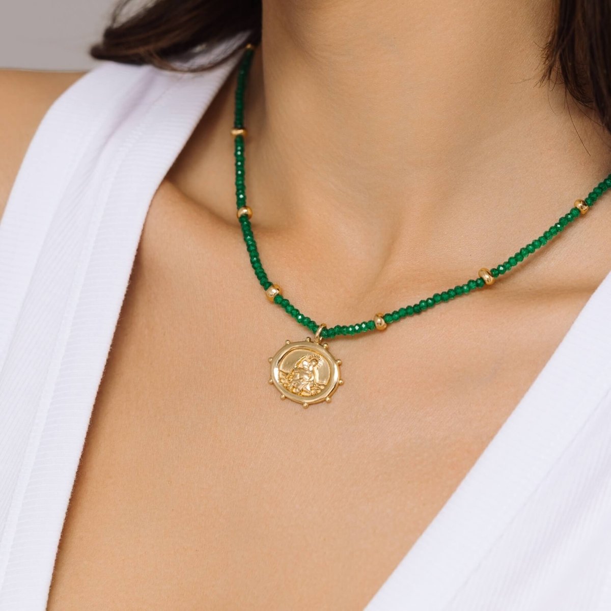 St. Christopher Green Jade Beaded Talisman Gold Necklace - Lulu B London - Timeless Jewellery