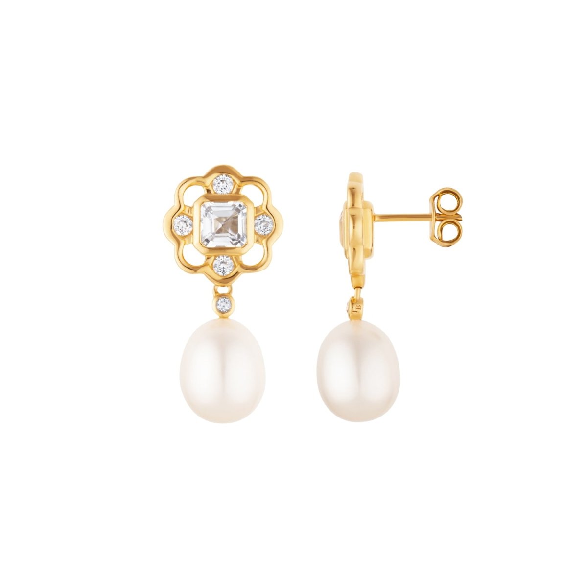 White Topaz and Pearl Gemstone Flower Gold Stud Drop Earrings - Lulu B London - Timeless Jewellery