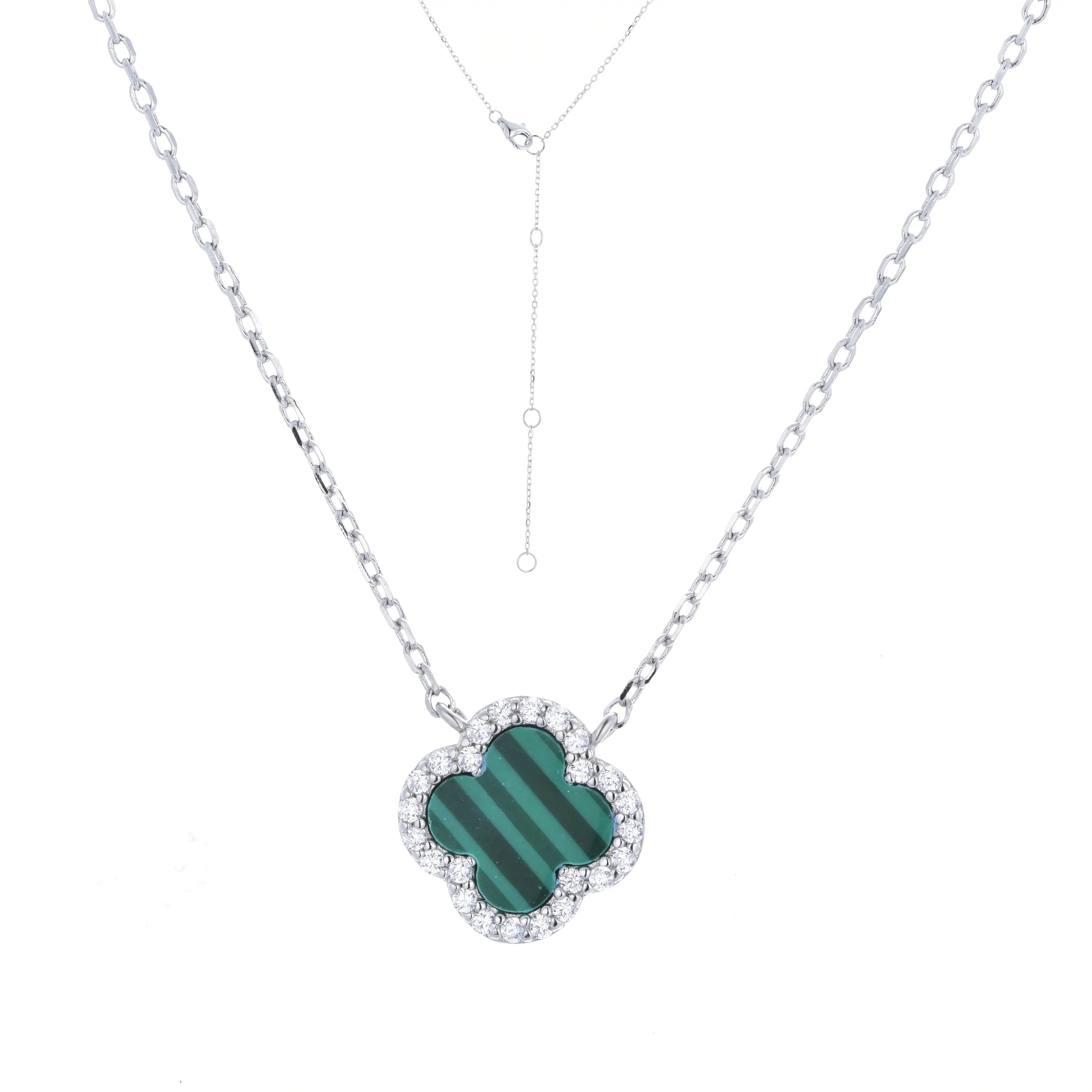 Clover Necklace with Malachite and Cubic Zirconia (Silver)