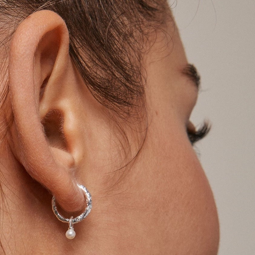 Silver Huggie Hoop Earrings - Pearl